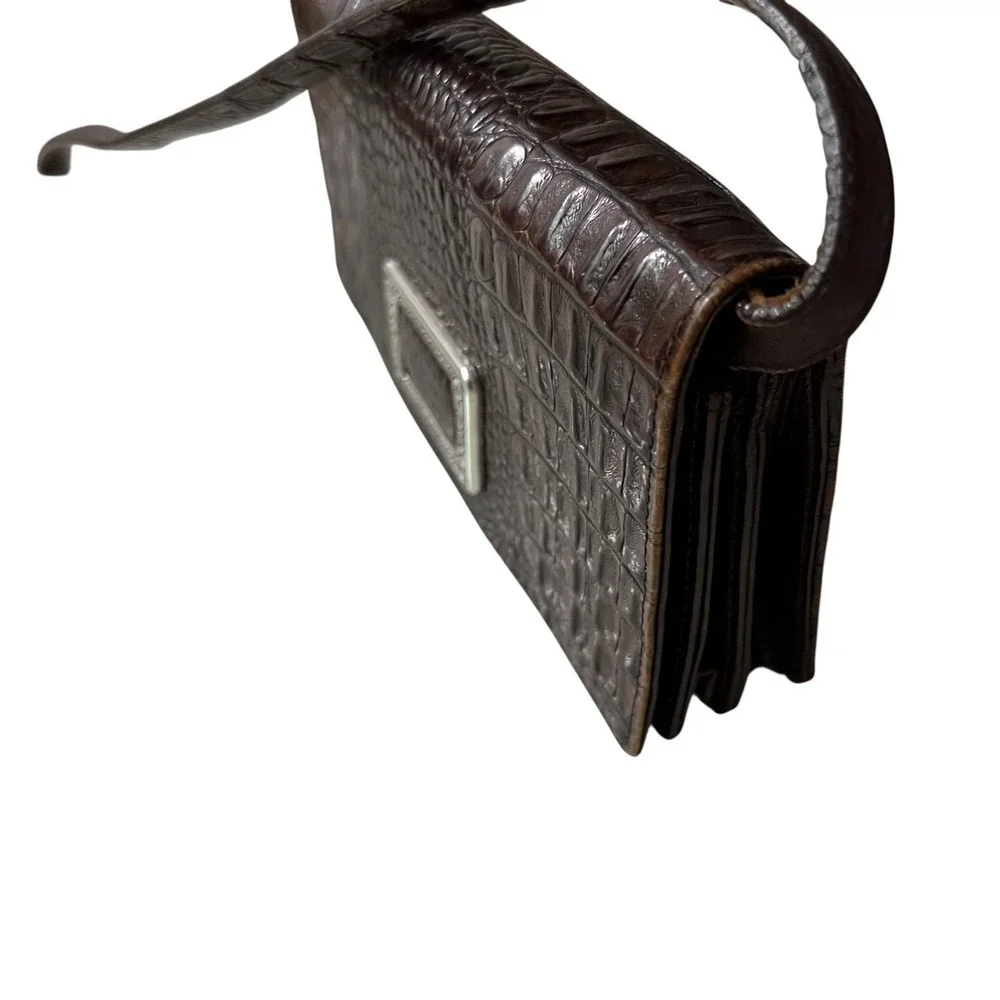 Brighton Brown Croc Embossed Leather Crossbody Shoulder Bag Silver‎ Hardware